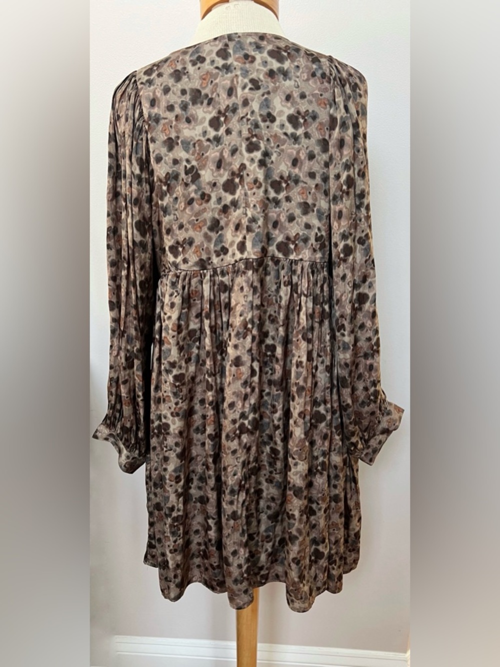 Boho Flowy Babydoll Dress Brown Floral Long Sleeve Mini Peasant Cottagecore - Picture 6 of 6